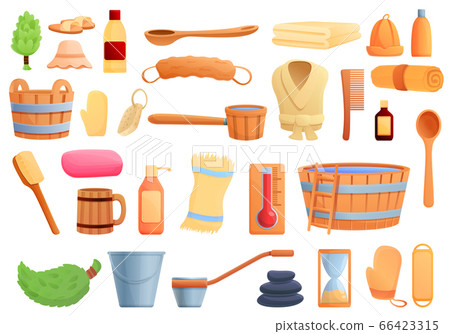 Sauna icons set, cartoon style Sauna icons set, cartoon style 66423315