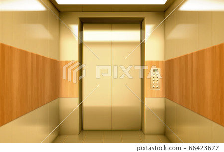 Golden elevator cabin with closed doors inside Golden elevator cabin with closed doors inside 66423677