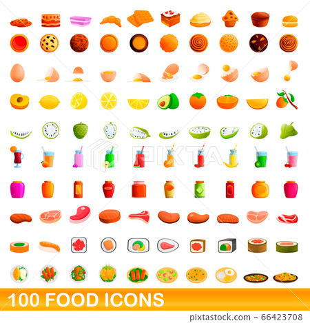 100 food icons set, cartoon style 66423708