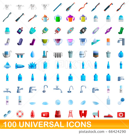 100 universal icons set, cartoon style 100 universal icons set, cartoon style 66424290