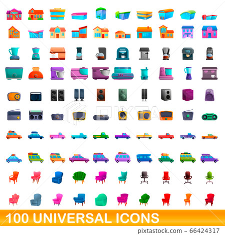 100 universal icons set, cartoon style 100 universal icons set, cartoon style 66424317