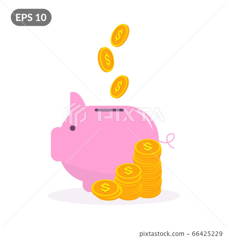 Pink piggy bank with falling gold dollar coins... - Stock Illustration ...