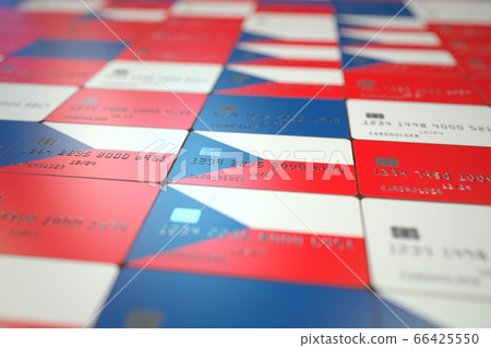 National flag of the Czech Republic on credit cards. Banking related 3D rendering 66425550