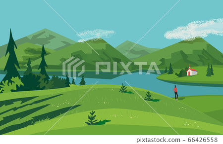 Mountain valley lake landscape poster Mountain valley lake landscape poster 66426558