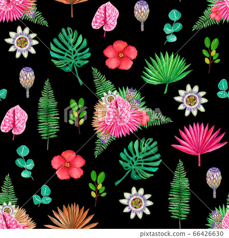 Seamless exotic pattern with tropical flowers and - Stock Illustration ...
