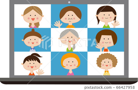 A laptop with nine women attending an online meeting A laptop with nine women attending an online meeting 66427958