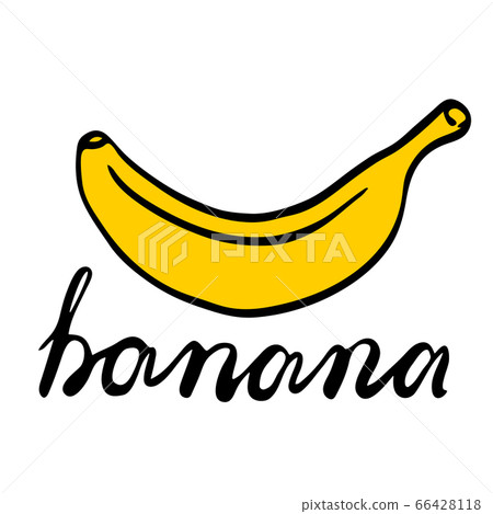 Drawing of a banana drawn by hand. Sketch style, Children drawing, delicious yellow fruit and the word banana written by hand Drawing of a banana drawn by hand. Sketch style, Children drawing, delicious yellow fruit and the word banana written by hand 66428118