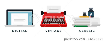 Flat vector illustration of evolution of devices, types of writing - digital, vintage, classic. 66428139