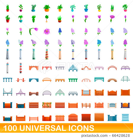 100 universal icons set, cartoon style 66428628