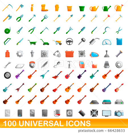 100 universal icons set, cartoon style 66428633