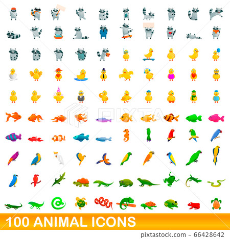 100 animal icons set, cartoon style 66428642