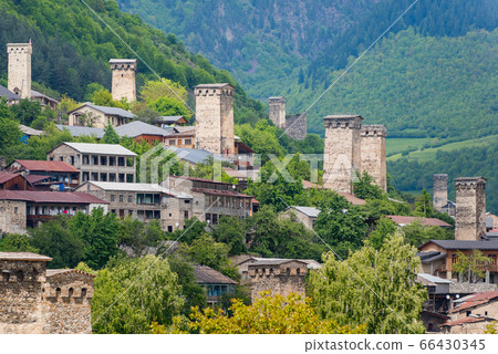 Ancient towers of Mestia, Svaneti Region, Georgia. UNESCO World Heritage Site. The Mid of June in the Caucasus mountains. 66430345
