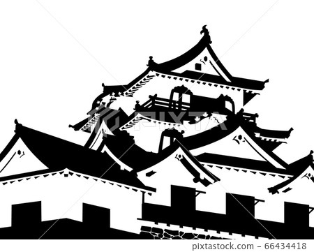 彥根城城堡塔黑色和白色剪影 66434418