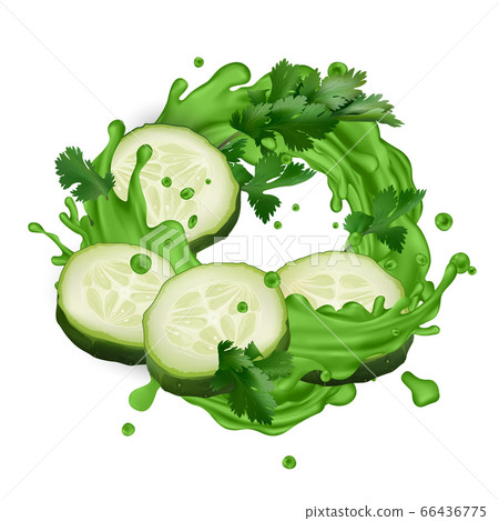 Green juice splash with cucumber slices and celery leaves Green juice splash with cucumber slices and celery leaves 66436775