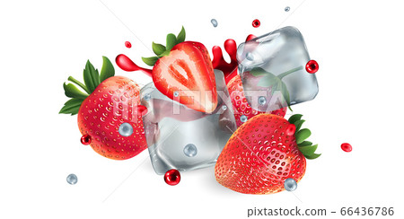 Fresh strawberries with ice cubes and water and juice splashes Fresh strawberries with ice cubes and water and juice splashes 66436786
