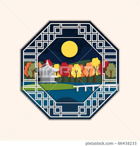 Full moon traditional building and autumn leaves. 66438233