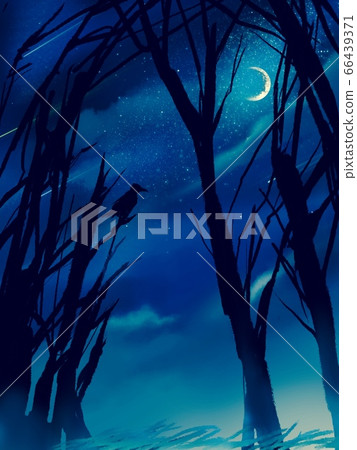 Crescent moon, dead tree and crow silhouette Crescent moon, dead tree and crow silhouette 66439371