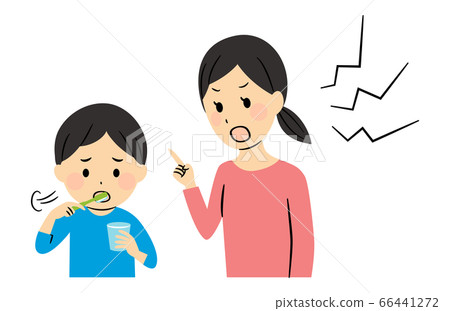 A child who dislikes brushing teeth and a mom who gets angry with it 66441272