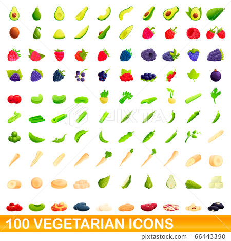 100 vegetarian icons set, cartoon style 66443390
