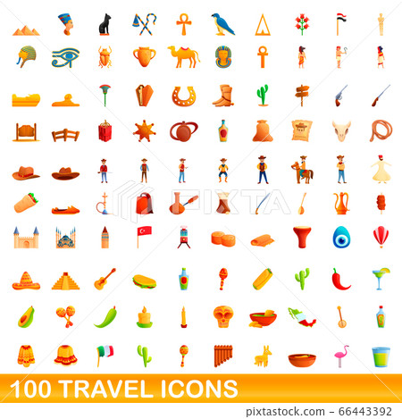 100 travel icons set, cartoon style 100 travel icons set, cartoon style 66443392
