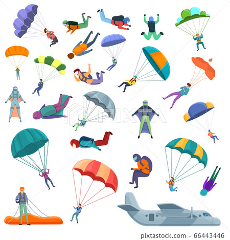 Parachuting icons set, cartoon style Parachuting icons set, cartoon style 66443446