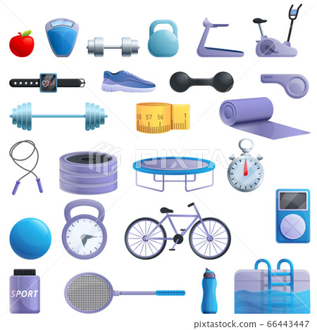 Gym time icons set, cartoon style Gym time icons set, cartoon style 66443447
