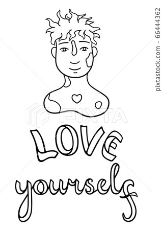 Portrait of boy with vitiligo on his face and shoulders. Love yourself lettering. Body positive. Portrait of boy with vitiligo on his face and shoulders. Love yourself lettering. Body positive. 66444362