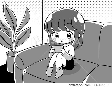 Illustration of a child playing a smartphone game in the living room 66444583