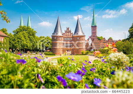 Historic town of Luebeck with famous Holstentor town gate, Germany 66445223