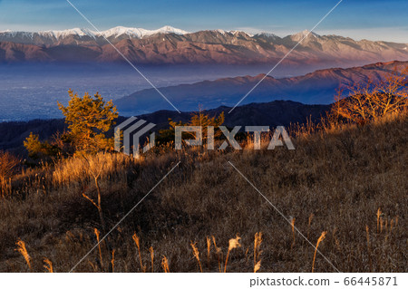 從南大松山/大倉丸丸看到的晨光中的南阿爾卑斯山和甲府盆地的城市景觀 66445871
