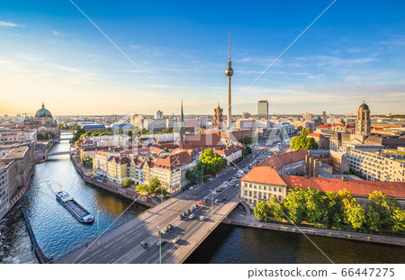 Aerial view of Berlin skyline with Spree river at sunset, Germany 66447275