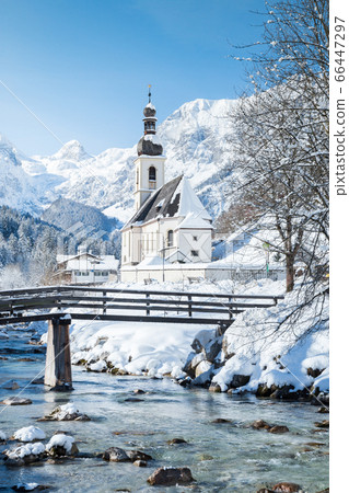 Church of Ramsau in winter, Berchtesgadener Land, Germany 66447297