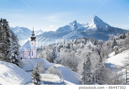 Church of Maria Gern with Watzmann in winter, Bavaria, Germany 66447302