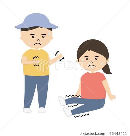 一個男孩用麻木的手和一個女孩用麻木的腿的插圖 一個男孩用麻木的手和一個女孩用麻木的腿的插圖 66448421