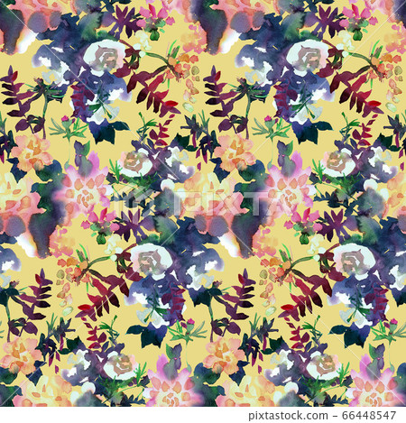 Floral seamless pattern. Hand drawn watercolor abstract flowers, rose buds and petals. Bright botanical painting.  66448547