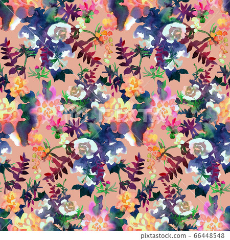 Floral seamless pattern. Hand drawn watercolor abstract flowers, rose buds and petals. Bright botanical painting.  66448548