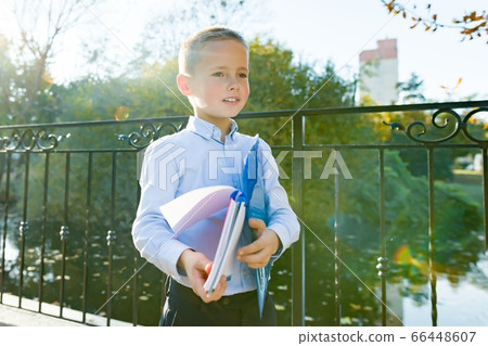 Back to school, portrait of boy with backpack, school supplies 66448607