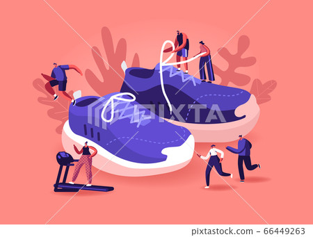 People Wearing Sneakers Concept. Sportsmen and Sportswomen Training in Gym and Outdoors in Sport Shoes. Tiny Male and Female Characters Walking around Huge Footwear. Cartoon Flat Vector Illustration 66449263
