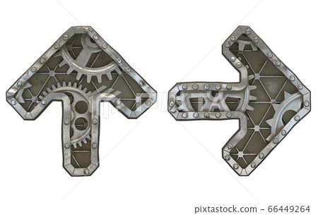 Mechanical alphabet made from rivet metal with gears on white background. Symbol up arrow and right arrow. 3D 66449264