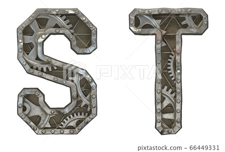 Set of mechanical alphabet made from rivet metal with gears on white background. Letters S and T. 3D Set of mechanical alphabet made from rivet metal with gears on white background. Letters S and T. 3D 66449331