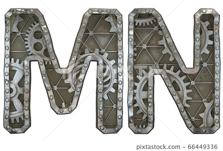 Set of mechanical alphabet made from rivet metal with gears on white background. Letters M and N. 3D Set of mechanical alphabet made from rivet metal with gears on white background. Letters M and N. 3D 66449336