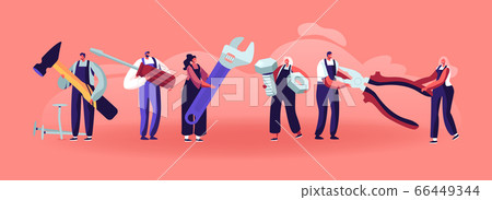 Professional Construction Workers with Tools. Tiny Characters in Uniform Overalls Standing in Row with Huge Instruments and Equipment for Home Repair and Renovation. Cartoon Flat Vector Illustration 66449344