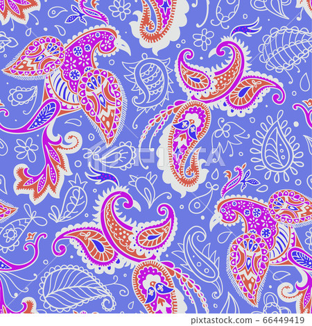 Vector seamless pattern. Firebirds and floral elements in Paisley style. 66449419