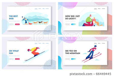 Dog Sledding and Ski Jumping Winter Sport Website Landing Page Set. Happy Character Riding Dogs Team, Jumping on Skis During Winter Time Vacation Web Page Banner. Cartoon Flat Vector Illustration Dog Sledding and Ski Jumping Winter Sport Website Landing Page Set. Happy Character Riding Dogs Team, Jumping on Skis During Winter Time Vacation Web Page Banner. Cartoon Flat Vector Illustration 66449445