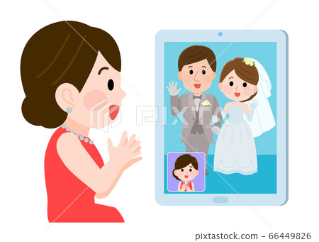 Online wedding illustration of a woman celebrating at home 66449826