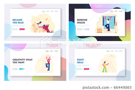 Household Activities and Hobbies Website Landing Page Set. Male and Female Characters Decorate Home Hanging Lamp and Curtains, Man Reading Book Web Page Banner. Cartoon Flat Vector Illustration 66449865