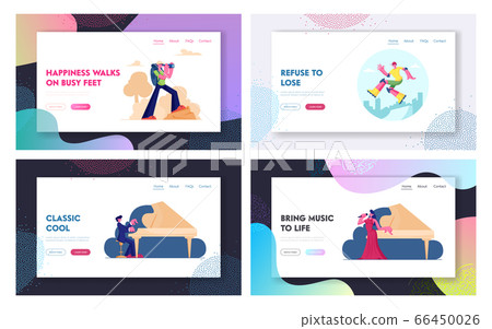 Classic Music Concert, Hiking and Skateboarding Website Landing Page Set. Opera Singer and Pianist Performing on Stage. Tourist Travel with Backpack Web Page Banner. Cartoon Flat Vector Illustration 66450026