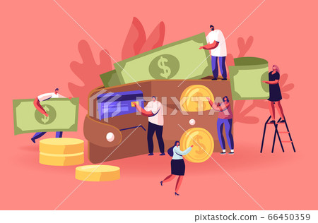 Business People Walking around of Huge Purse Full of Money. Cash and Credit Cards Concept, Tiny Men and Women Characters Holding Huge Golden Coins and Currency Bills. Cartoon Flat Vector Illustration 66450359