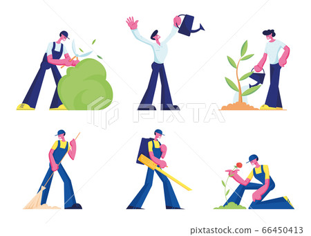 People Care of Plants, Cleaning Service Set. Male and Female Characters Planting Watering and Trimming Trees and Flowers Janitors Sweep Ground, Blowing Leaves in Park. Cartoon Flat Vector Illustration 66450413