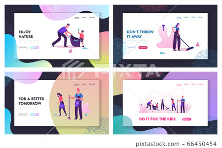 Volunteering Charity, Trash Collection Website Landing Page Set. People in Working Overalls Cleaning Garbage and Litter to Bags. Ecology Protection Web Page Banner. Cartoon Flat Vector Illustration 66450454